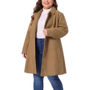 Plus Size Notched Lapel Single Breasted Wool Trench Peacoat Camel
